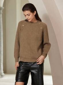 SHEIN Privé Loose Casual Ribbed Knit Button Sweater, Knit Pullover Fall Winter - Mocha Brown - View 4