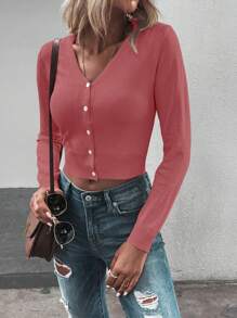 SHEIN LUNE Áo Cardigan nhẹ hàng ngày cài nút phía trước cho nữ, mùa thu - Gỗ đỏ - Xem 5