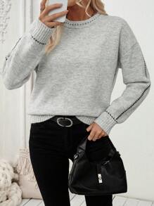 SHEIN LUNE 休闲宽松针织毛衣，撞色饰边，休闲落肩，秋冬 - 灰色 - 查看 3