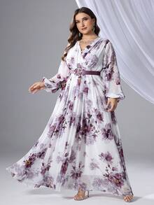 Vestido de manga larga con cuello en V y estampado floral para mujer de talla grande
