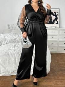 SHEIN Privé 大码优雅通勤工作服智能高端下午茶性感初次约会音乐派对迷人交叉 V 领网眼面板亮片长袖连体裤搭配褶皱高腰阔腿裤，圣诞约会 - 黑色 - 查看 5