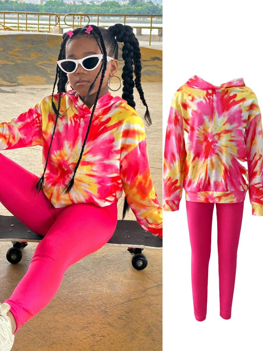 SHEIN 2pcs/Set Tween Girls Yellow & Fuchsia Tie Dye Graphic Tee And Fuchsia Leggings Streetwear Set - Multicolor - View 1