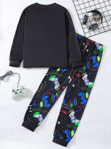 2 Stücke bequemer Pyjama-Set für Teenager Jungen - Schwarze Basis mit bunten fluoreszierenden Videospiel-Grafiken auf Langarmshirt und Hose, moderne Mode
