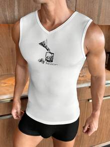 Men's V-Neck Letter & Graphic Print Tight Sleeveless Base Layer Top - White - View 6