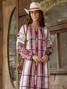 SHEIN LUNE LanaWest 女士宽松全印花流苏下摆落肩连衣裙 - 彩色 - 查看 4