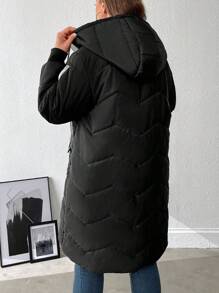 SHEIN LUNE Plus Size Color Block With Pocket Hooded Winter Clothes Long Sleeve Padded Padded Coat