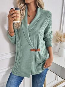 SHEIN LUNE Women Casual Solid Color Lapel Button Up Cardigan, For Autumn/Winter - Mint Green - View 6