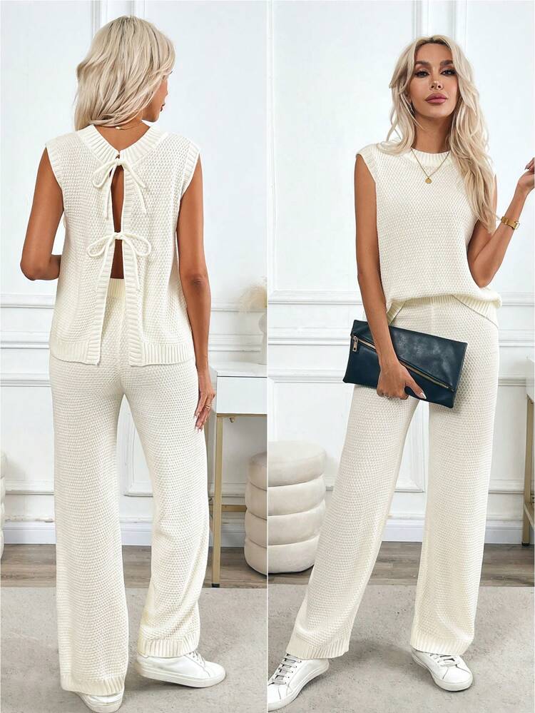 2pcs Women Casual Solid Color Tie Back Split Hem Sweater Vest And Pants Set, Autumn