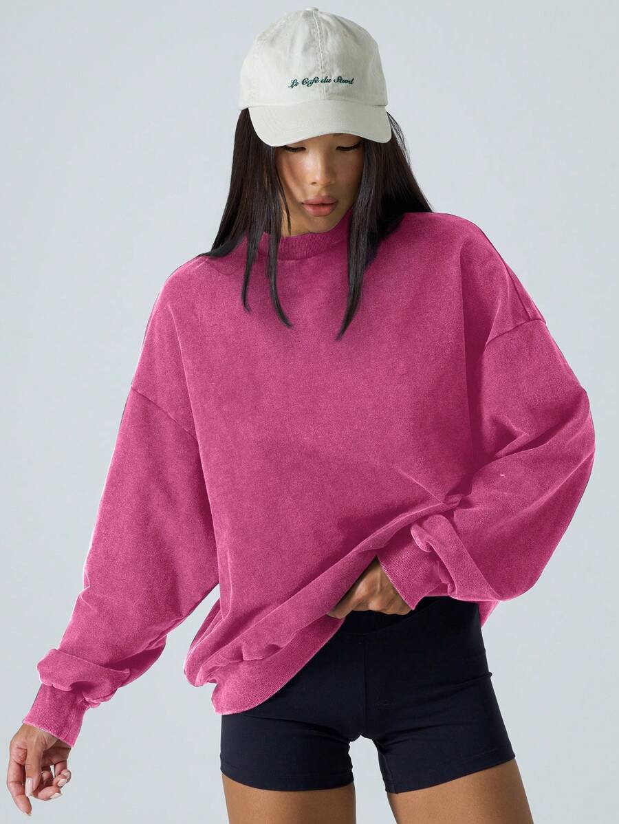LYSMO Women's Casual Round Neck Long Sleeve Minimalist Pullover Sweatshirt For Everyday Wear,Long Sleeve Tops - Hot Pink - View 1