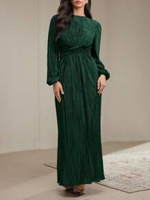 Veilorie Women Elegant Solid Color Pleated Long Dress, Autumn Modest