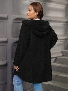 EMERY ROSE Textured Plush Warm Comfortable Button Decorated Hooded Plus Size Jacket Winter Clothes Fall Autumn - Black - View 3
