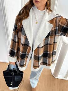 SHEIN Essnce Abrigo holgado a cuadros cálido de talla grande para mujeres en otoño e invierno, ropa de mujer de invierno, abrigos térmicos para tiempo frío, prendas de vestir para clima frío