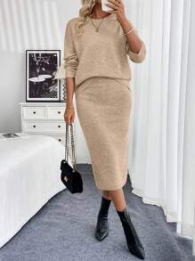SHEIN Clasi 2pcs Women Casual Solid Color Drop Shoulder Loose Pullover Sweater And Sweater Skirt Set - Apricot - View 1