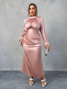 SHEIN Unity Plus Size Crew Neck Furry Splice Long Casual Dress - Pink - View 1