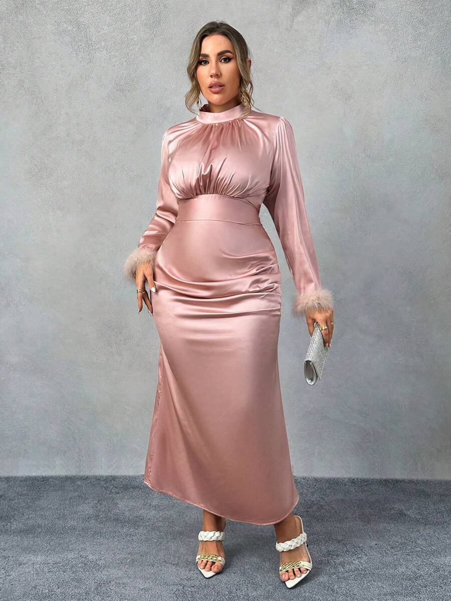 SHEIN Unity Plus Size Crew Neck Furry Splice Long Casual Dress - Pink - View 1