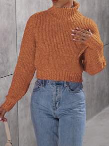 SHEIN Unity Damen lässiger einfarbiger Pullover mit hohem Kragen, Dropped Shoulder und Langarm, für Herbst und Winter - Koralle Orange - Übersicht 4