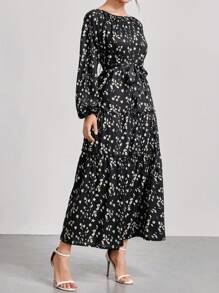 Mulvari Casual Elegant Ditsy Floral Print Cinched Waist Lantern Sleeve Modest Long Sleeve Dress, Autumn