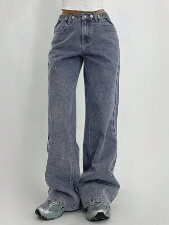 DAZY Pantalones casuales rectos con decoración de rhinestones, jeans de pierna ancha para mujeres