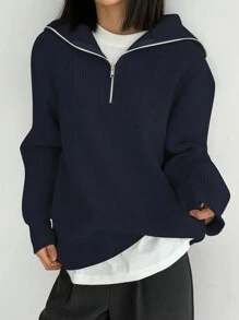 DAZY Casual Solid Color Front Zipper Sweater, Autumn/Winter,Long Sleeve Tops,Fall Women Clothes - Navy Blue - View 3