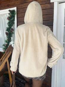 SHEIN EZwear Women's Casual Solid Color Horn Button Hooded Regular Jacket, Autumn/Winter