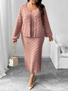 Flirla Plus Size Cable Knit V-Neck Lantern Sleeve Cardigan & V-Neck Textured Fitted Knit Bodycon Dress Set For Women - Dusty Pink - View 6