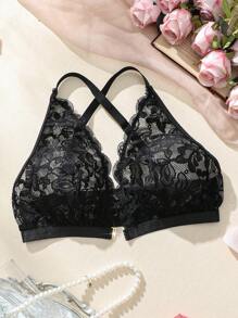 DelicateAllure Plus Size Sexy Summer Lace See-Through Bralette - Black - View 5