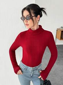 SHEIN Leap Crew 青少年女孩罗纹纹理高领长袖休闲 T 恤，部分手指露出