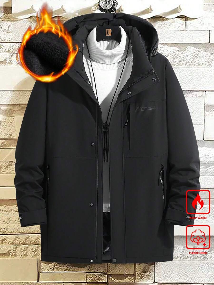 Manfinity Homme 1 件男士纯色连帽拉链长袖加厚外套，冬季外出黑色外套，适合朋友、丈夫、男朋友的礼物 - 黑色 - 查看 1