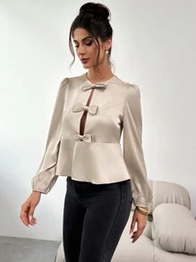SHEIN Privé Camisa de manga larga con corbata de moño linda - Albaricoque - Ver 3