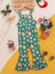 Young Girls Fashion Christmas Cartoon Print Strap Flare Jumpsuit - Multicolor - View 1
