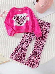SHEIN 2 piezas Conjunto de sudadera con estampado digital de corazón y pantalones acampanados con cintura elástica para niña joven, primavera otoño
