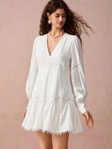 Enchnt New Winter Products,Women Grace Casual Solid Color V-Neck Lantern Sleeve Lace Splice Mini Dress, Long Sleeve Dress, Winter Women's Clothing,New Years Dress