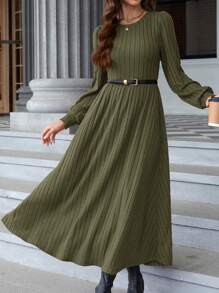 EMERY ROSE Plus Size Casual Solid Color Long Sleeve Knitted Dress, Autumn & Winter Women Dress - Army Green - View 1