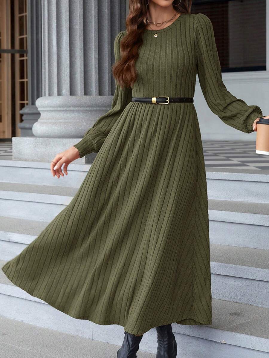 EMERY ROSE Plus Size Casual Solid Color Long Sleeve Knitted Dress, Autumn & Winter Women Dress - Army Green - View 1