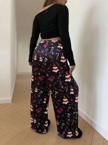 Flirla Plus Size Women Christmas Adorable Home Thickened Straight Leg Patterned Leggings, For Winter