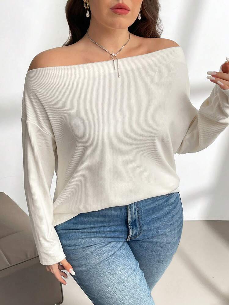 SHEIN Privé Plus Size Off-Shoulder Long Sleeve T-Shirt With Batwing Design, Ribbed Fabric, Versatile Inner Wear, Suitable For All Seasons - White - View 7