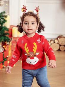 SHEIN Baby Girls' Round Neck Deer Pattern Sweater, Suitable For Family Gatherings, Outings, And Christmas,In Fall/Winter