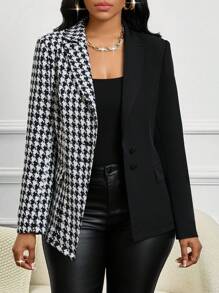 SHEIN Lady Four Season  Attire  Houndstooth Geometric Print  Tunic Asymmetrical Top Winter Coat Suit  Women Jackets