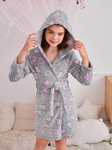 SHEIN Tween Girls 心形图案长袖连帽柔软舒适羊毛长袍，配有可拆卸腰带，秋冬款 - 彩色 - 查看 3