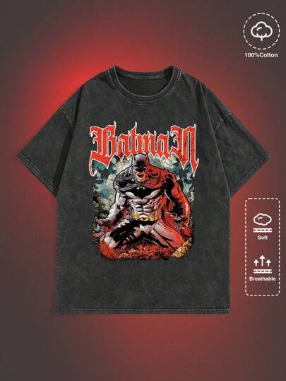 Batman X ROMWE Camiseta de hombros caídos con diseño de letra y dibujo animado, escuela