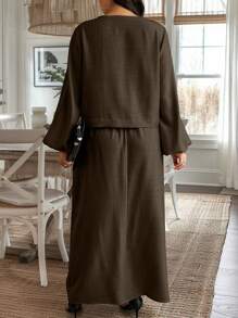 Calvaya Plus Size 2Pcs Set Casual Solid Color Lantern Sleeve Tie Waist Top And Skirt, Autumn Fall Cloth For Women - Coffee Brown - View 2
