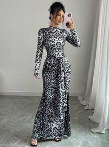 Rafferiza 2024 Autumn/Winter New Arrival Elegant Stand Collar Tied Leopard Print Mermaid Dress Maxi Women Outfit