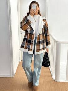 SHEIN Essnce Abrigo holgado a cuadros cálido de talla grande para mujeres en otoño e invierno, ropa de mujer de invierno, abrigos térmicos para tiempo frío, prendas de vestir para clima frío