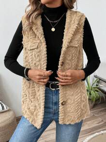 EMERY ROSE 1pc Women Apricot Textured Fringed Fuzzy Sleeveless Hooded Vest Jacket - Mocha Brown - View 3