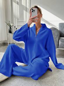 EURMUSE 2pcs Women Set: Casual Plain Loose Drop Shoulder Half Zip Sweater & Loose Wide Leg Sweater Pants - Royal Blue - View 5