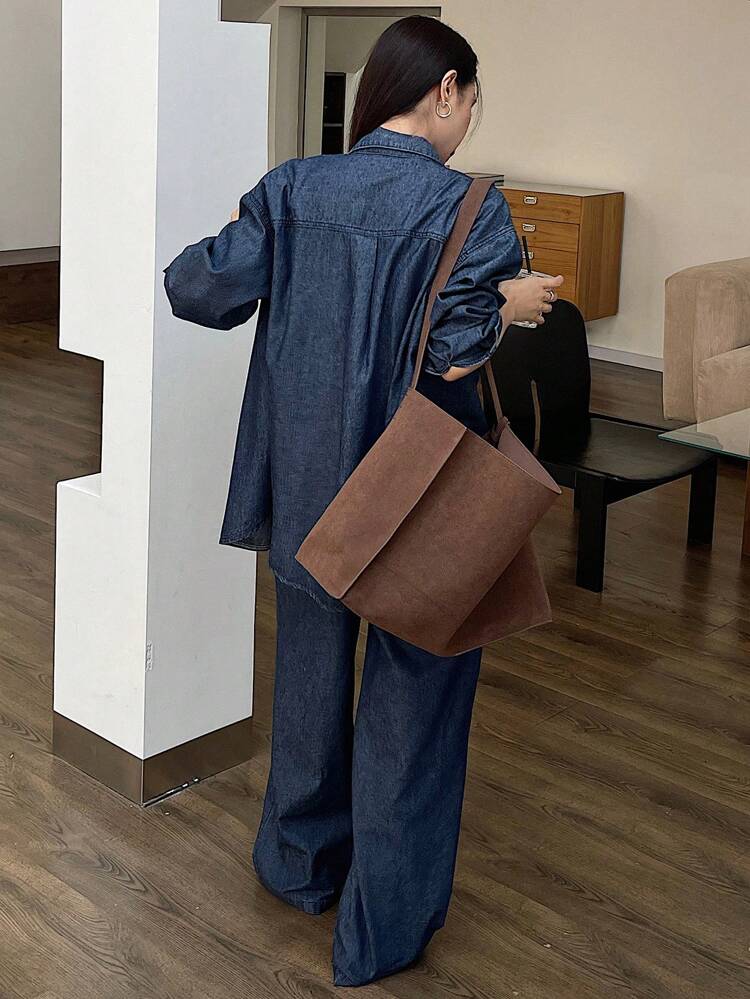 Conjunto de 2 piezas para mujer de camisa de cintura suelta de unicolor y jeans de pierna ancha, ropa de otoño