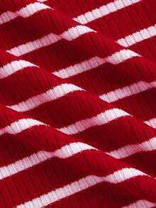 SHEIN MOD 大码女式学院风红白条纹、围巾饰边、翻领短款 T 恤 - 紅白色 - 查看 3