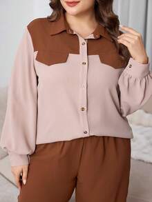 Mulvari Bộ 2 chiếc áo sơ mi dài tay và quần dài màu trơn đơn giản cho nữ cỡ lớn ngày lễ, mùa thu - màu nâu - Xem 5