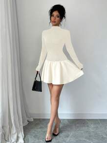 Elenzga 女式优雅纯色立领收腰中长连衣裙，秋季