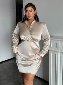 SHEIN Frenchy 大码女式优雅长袖修身连衣裙，秋季 - 杏色 - 查看 4